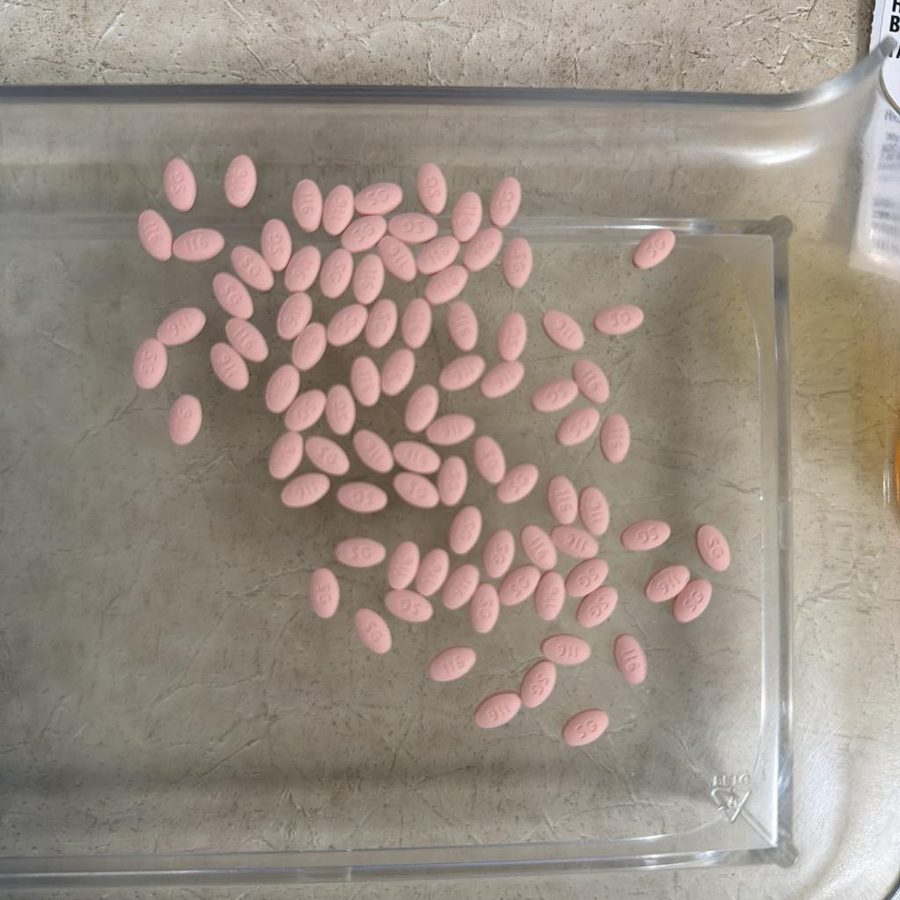 Eighty-nine pink oval tablets on a counting tray
